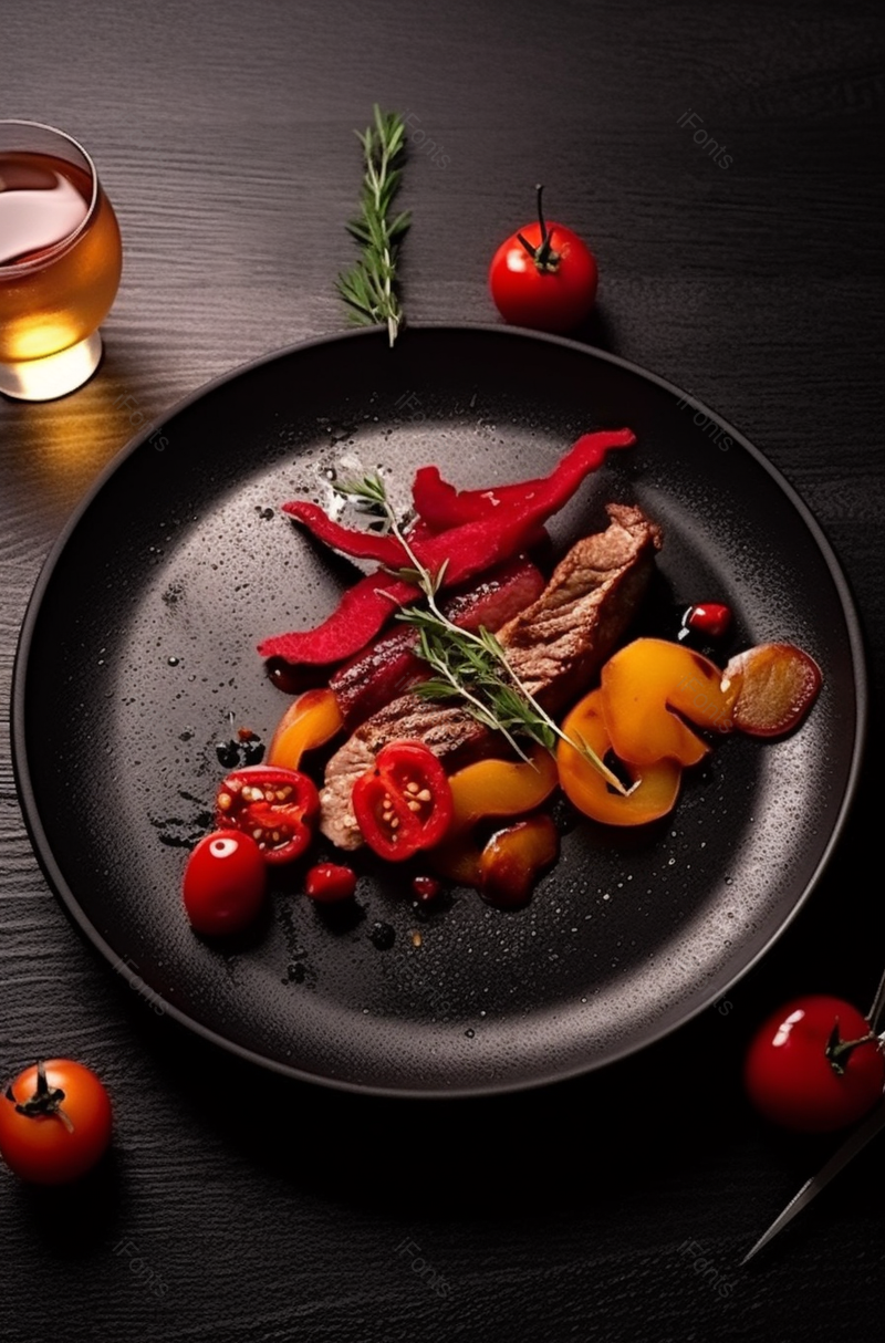 暗色三文鱼迷迭香圣女果酒杯精致摆盘摄影背景,高清,摄影图,摄影图片,图片大全,摄影图免费下载